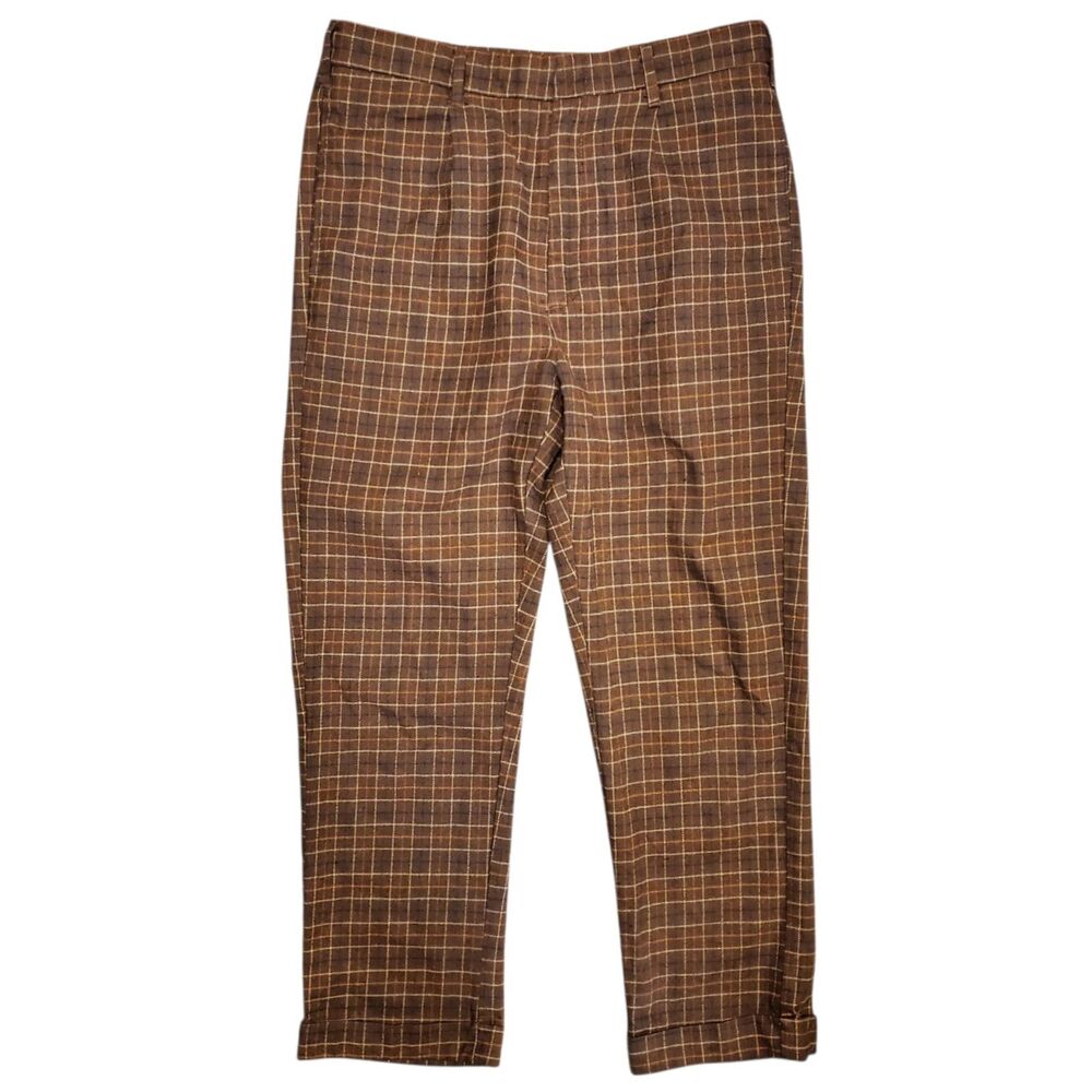 BRIXTON Pants REGENT Mens 32x32 Brown Plaid Relaxed Fit Chino Pleated Cotton